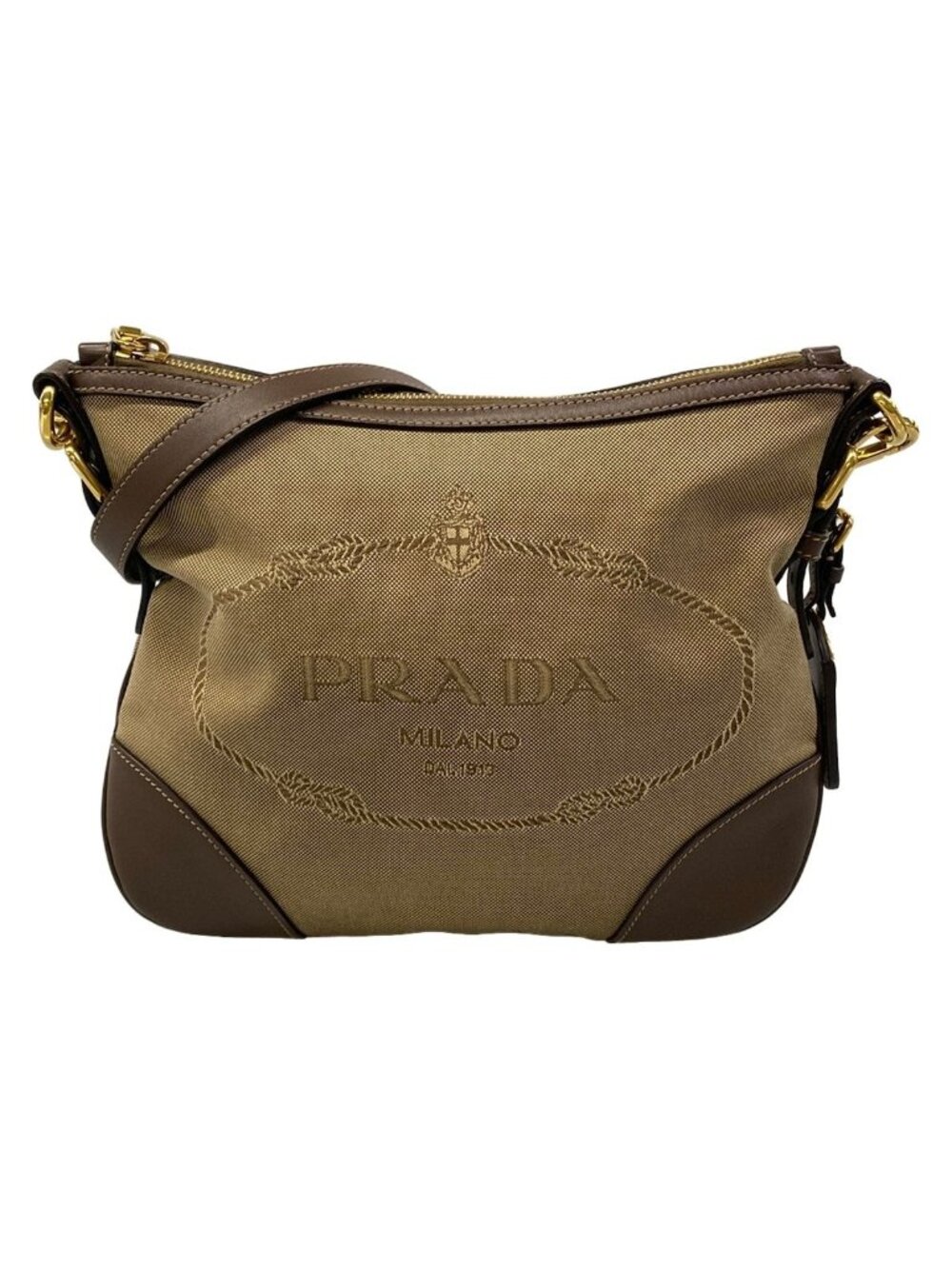 Prada Shoulder Bag Logo Jacquard Beige Dark Brown Leather